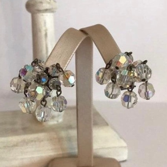 Vintage clear crystal drop dangle clip on earrings faceted AB glass beads - Picture 1 of 9